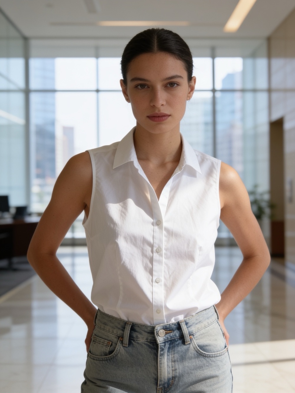 Sleeveless White Collared Button-Front Shirt